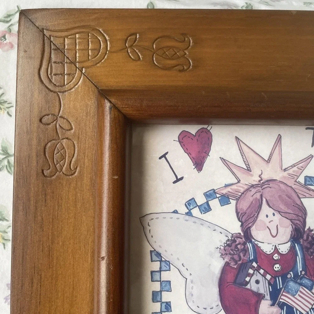 Vintage Wood Picture Frame Hand Carved Hearts Tulips Patriotic B Mack Print